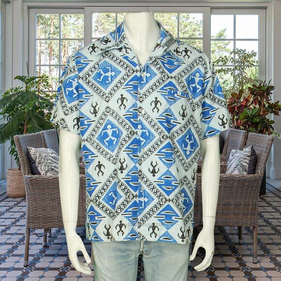 Vintage Lauhala Aloha Tropical Tribal Star Print Hawaiian Button Down Camp Shirt - Picture 2 of 5